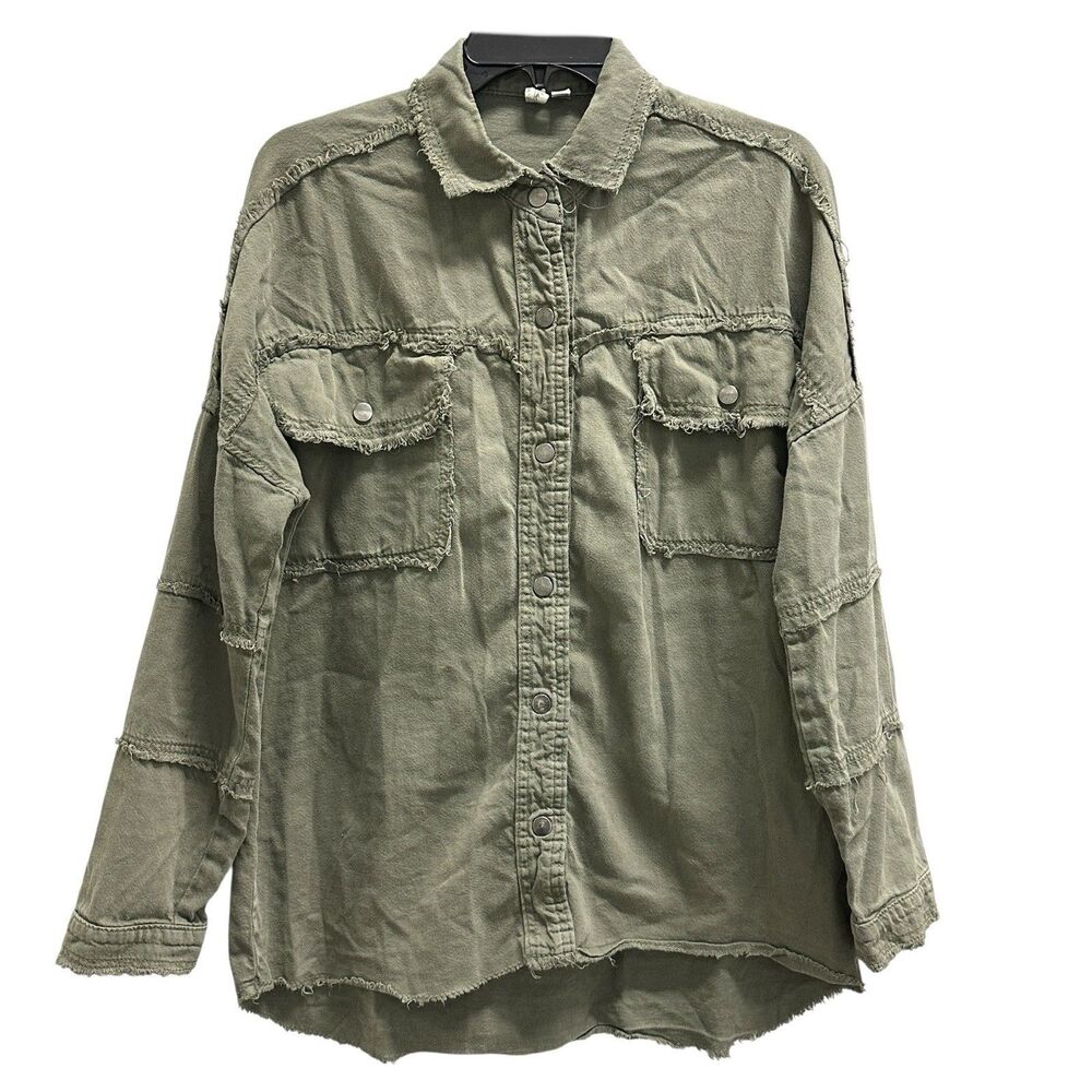 Elan Dolly Green Cotton Distressed Shirt Jacket All You Need Is Love Size XS